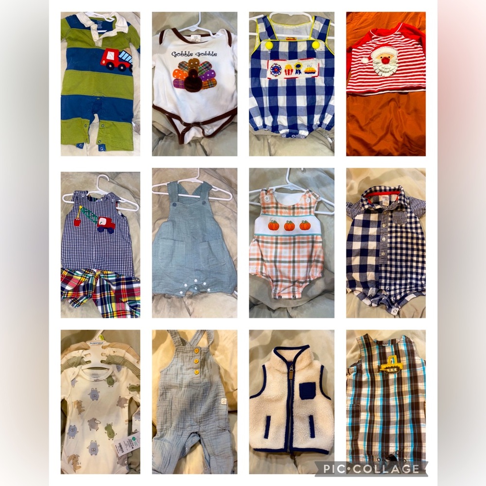 Baby boy, Schmock, and bubbles 3-6 months each $15 message before brands.